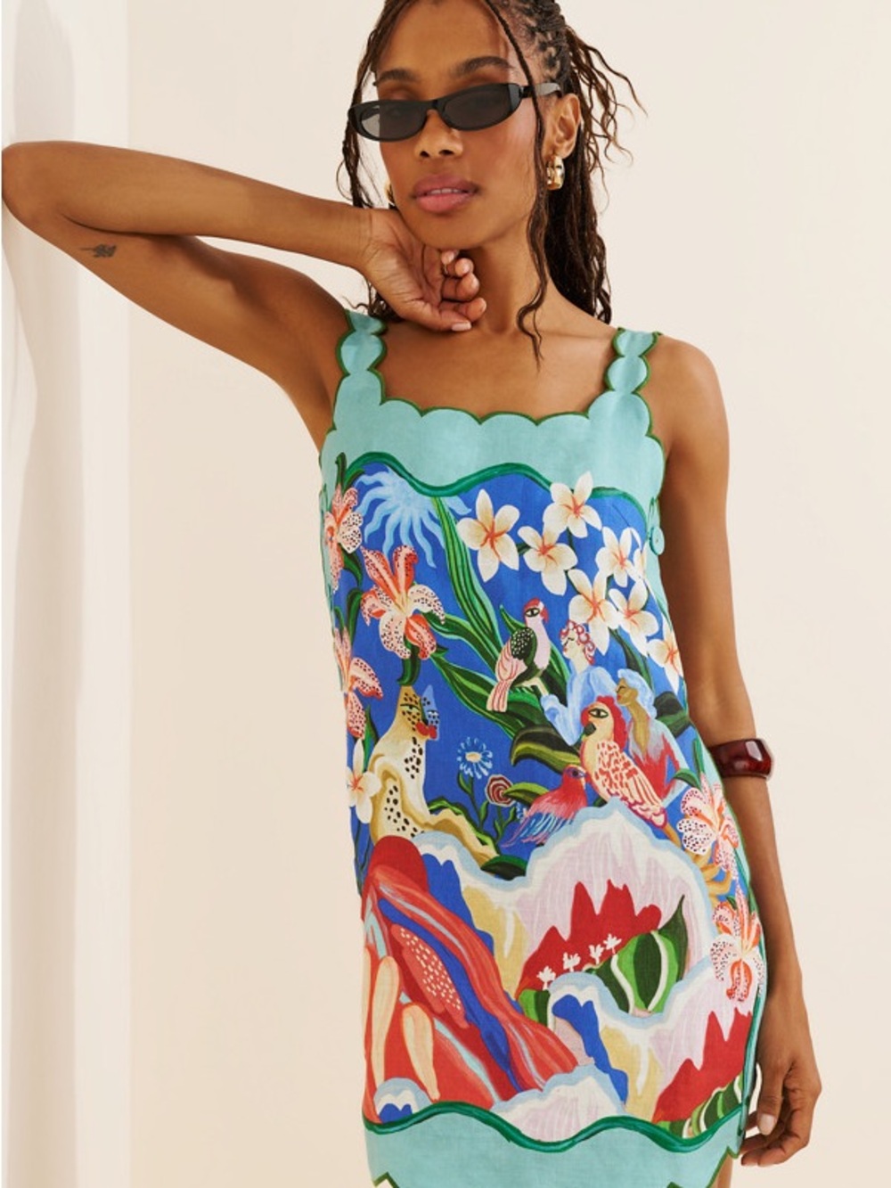 FARM Rio 100% Linen Mint-Trimmed Tropical Mini Dress w/ Multicolor Floral Print